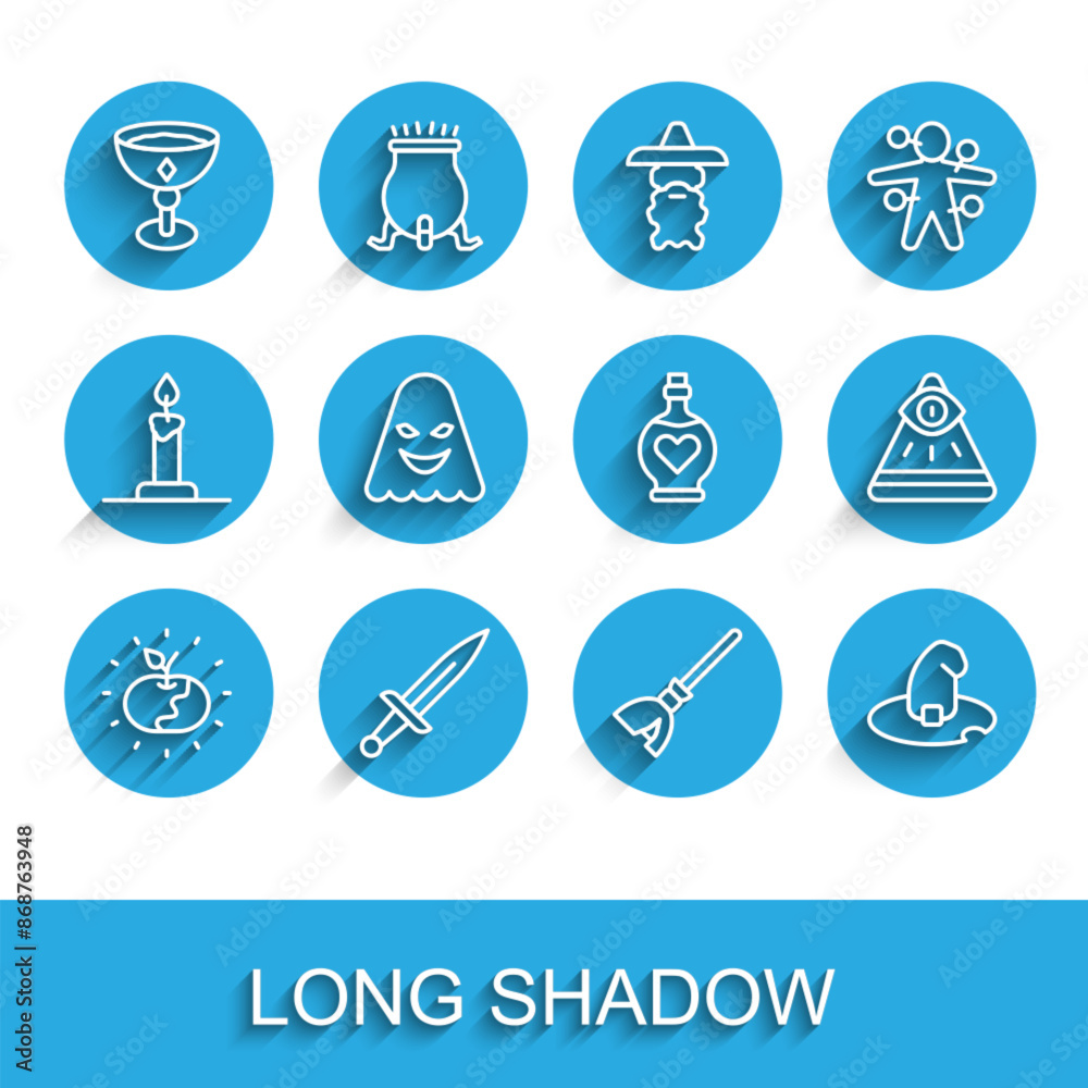Set line Poison apple, Dagger, Medieval goblet, Witches broom, hat, Ghost, Masons and Bottle with love potion icon. Vector Set line Poison apple, Dagger, Medieval goblet, Witches broom, hat, Ghost, Masons and Bottle with love potion icon. Vector