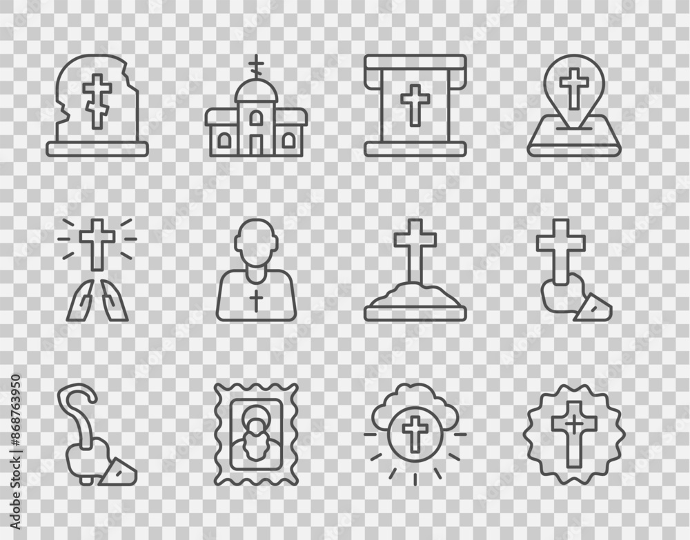 Set line Magic staff, Christian cross, Flag with christian, icon, Grave tombstone, Priest, Religious in circle and icon. Vector Set line Magic staff, Christian cross, Flag with christian, icon, Grave tombstone, Priest, Religious in circle and icon. Vector