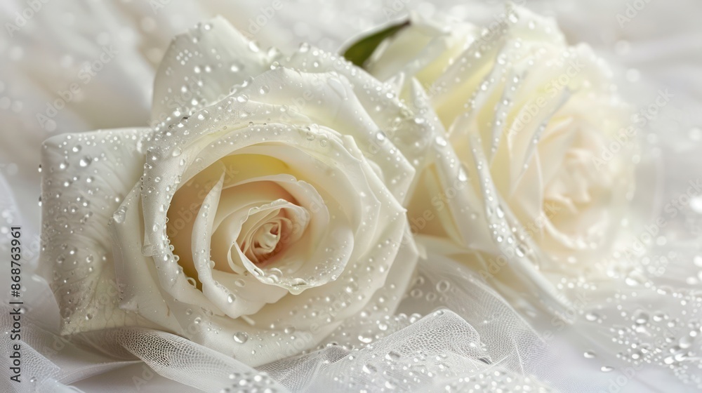 Two Elegant White Roses with Dewdrops on Delicate Fabric Background Two Elegant White Roses with Dewdrops on Delicate Fabric Background