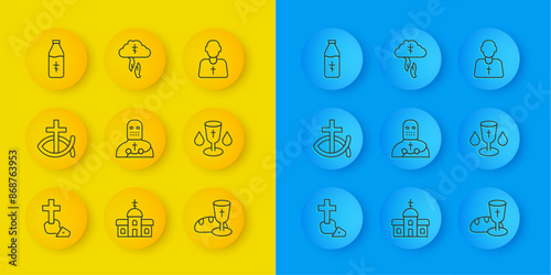 Set line Christian cross, fish, Knight crusader, Goblet and bread, chalice, Holy water bottle, Priest and God's helping hand icon. Vector