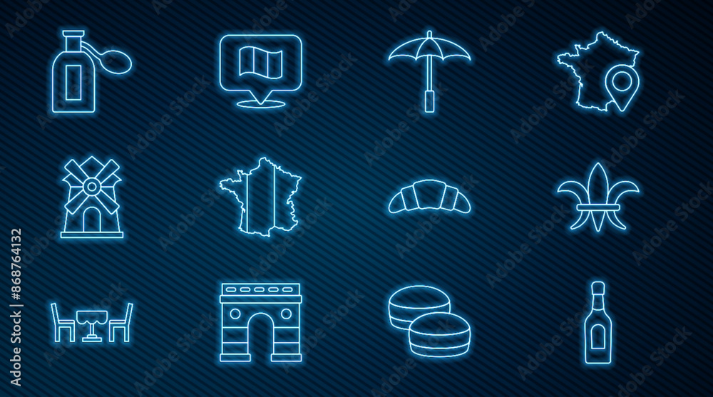 Set line Champagne bottle, Fleur De Lys, Umbrella for beach, Map of France, Windmill, Perfume, Croissant and Flag icon. Vector