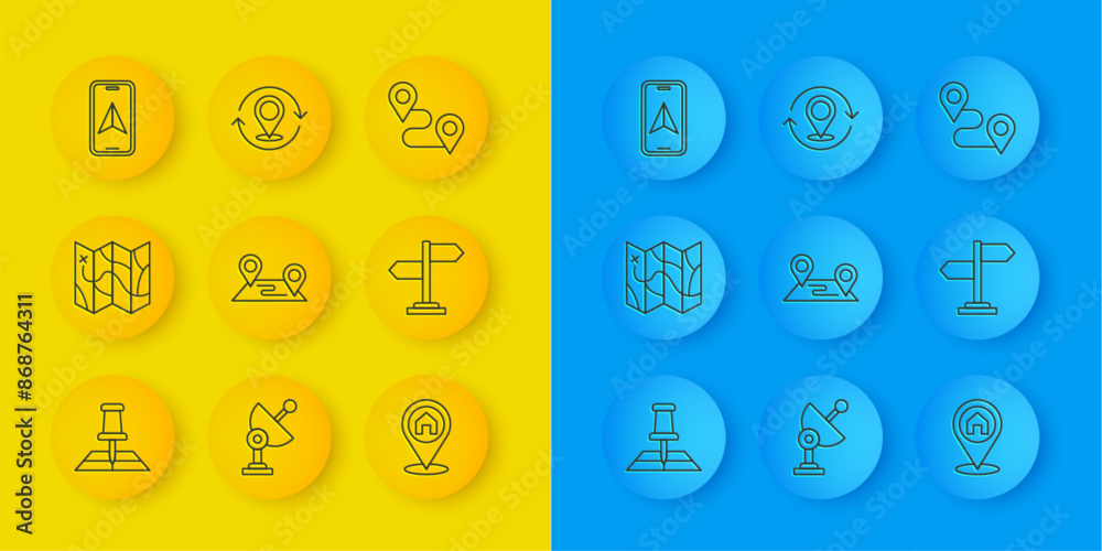 Set line Folded map with location marker, Route, Location house, Road traffic sign, City navigation, and Map pin icon. Vector Set line Folded map with location marker, Route, Location house, Road traffic sign, City navigation, and Map pin icon. Vector