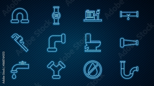 Set line Industry metallic pipe, Electric water pump, Pipe adjustable wrench, Toilet bowl and Water meter icon. Vector
