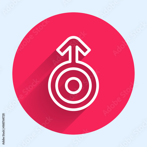White line Ancient astrological symbol of Uranus icon isolated with long shadow background. Astrology planet. Zodiac and astrology sign. Red circle button. Vector