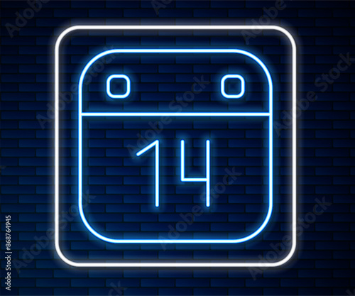 Glowing neon line Calendar with February 14 icon isolated on brick wall background. Valentines day. Love symbol. Vector
