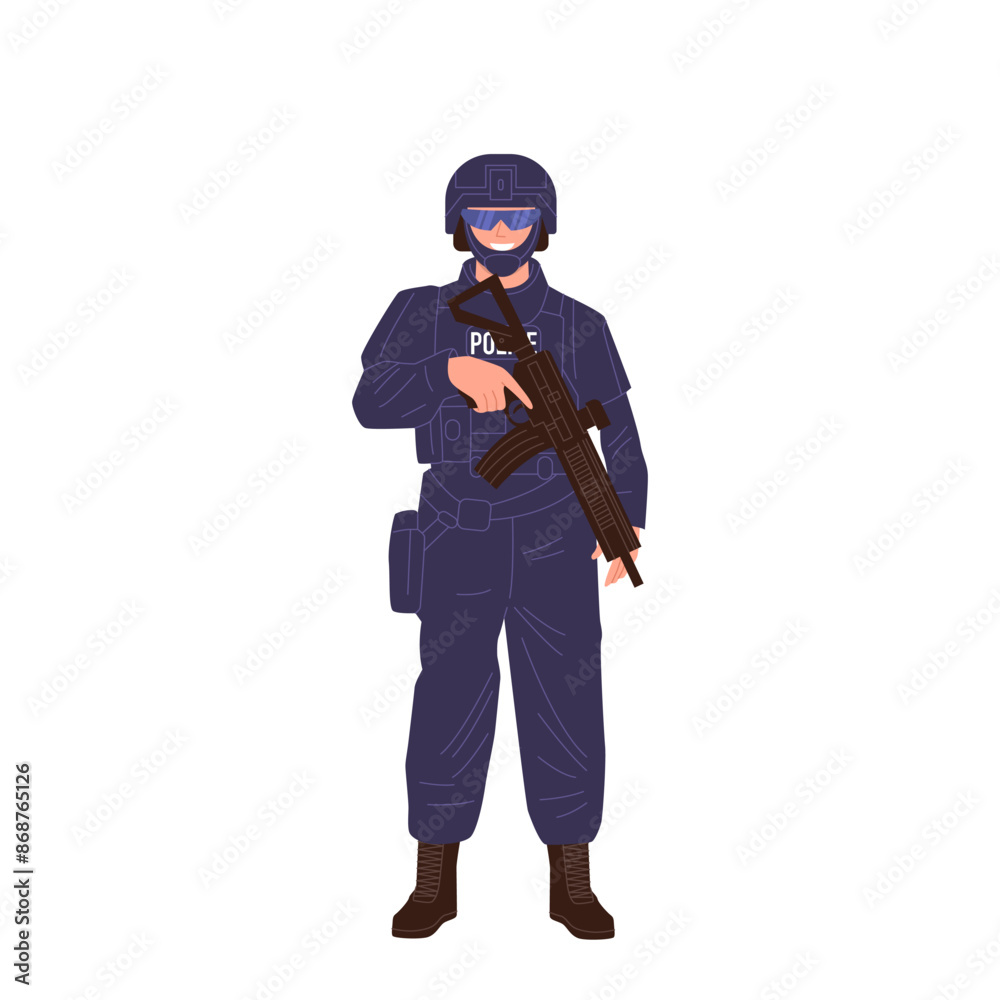 Swat officer isolated cartoon character wearing helmet and body armor with machine gun in hands Swat officer isolated cartoon character wearing helmet and body armor with machine gun in hands