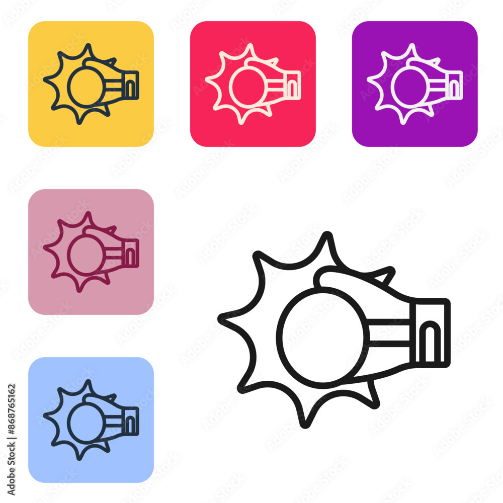 Black line Punch in boxing glove icon isolated on white background. Boxing gloves hitting together with explosive. Set icons in color square buttons. Vector Black line Punch in boxing glove icon isolated on white background. Boxing gloves hitting together with explosive. Set icons in color square buttons. Vector