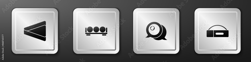 Set Billiard triangle, balls on stand, and Case for billiard cue icon. Silver square button. Vector Set Billiard triangle, balls on stand, and Case for billiard cue icon. Silver square button. Vector