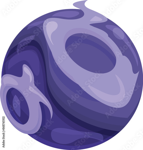 Cartoon illustration of a purple fantasy planet rotating in open space with purple lava