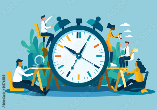 Team Collaboration on Time Management and Deadlines, Large Clock Concept, Professionals Discussing Schedule and Planning, Vector Illustration, Minimalistic Design, Daytime Setting, Productivity Theme