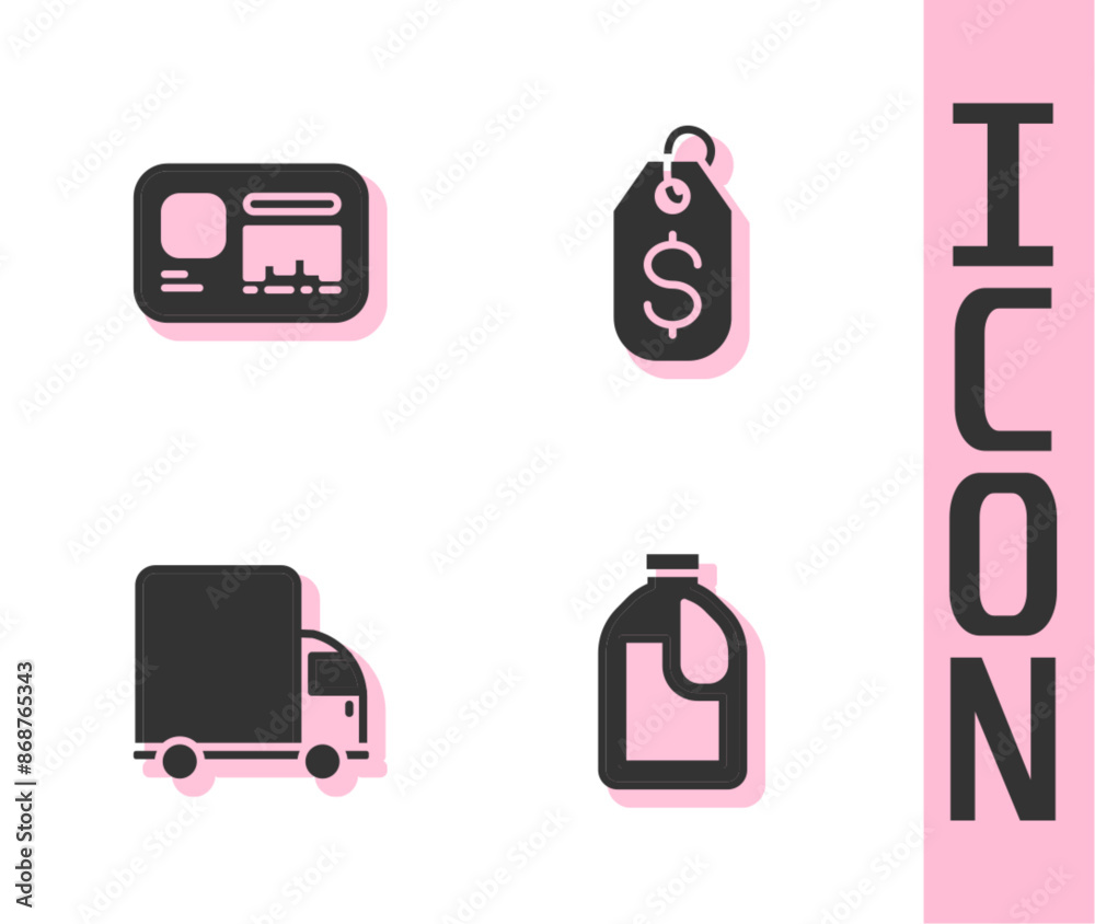 Set Bottle for cleaning agent, Identification badge, Delivery cargo truck and Price tag with dollar icon. Vector Set Bottle for cleaning agent, Identification badge, Delivery cargo truck and Price tag with dollar icon. Vector