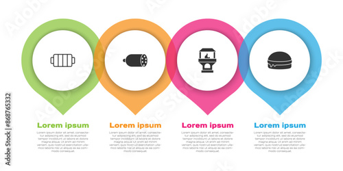 Set Barbecue grill, Salami sausage, Brick stove and Burger. Business infographic template. Vector