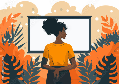 Young Female Presenter Giving Lecture in Modern Minimalistic Setting, Business Education Concept, Vector Illustration, Daytime, Motivational and Professional Theme