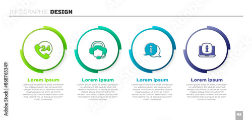 Set Telephone 24 hours support, Woman with a headset, Information and Laptop information. Business infographic template. Vector