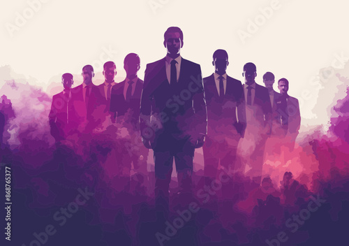 Confident Business Leader and Professional Team in Suit Silhouettes with Abstract Gradient Background, Leadership Success Concept, Motivational Business Teamwork Illustration