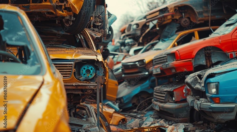 Fototapeta premium Pile of scrap waste of cars for recycling. Smashed destroyed car wrecks on car junkyard