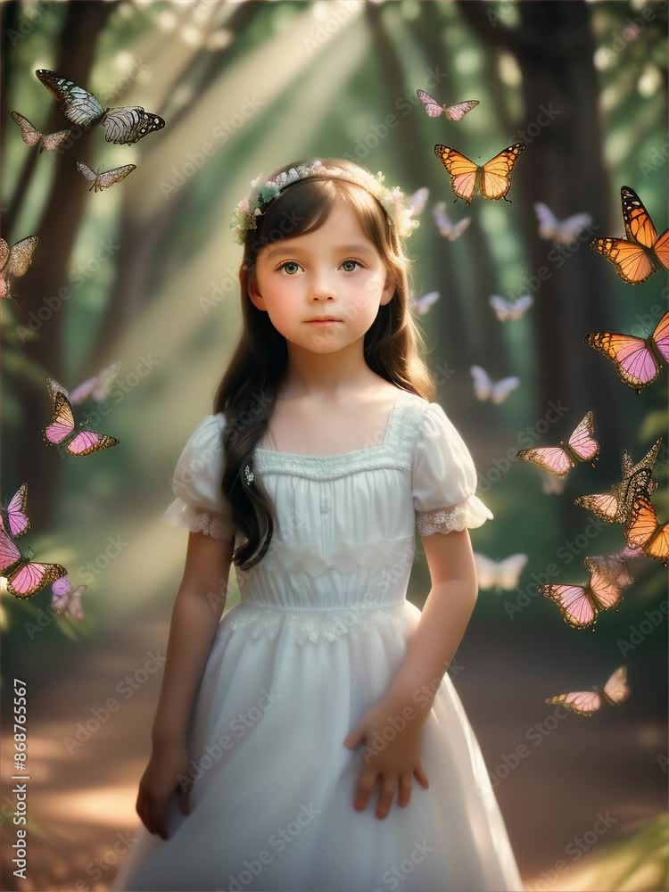 Young girl in a forest with butterflies around her Young girl in a forest with butterflies around her