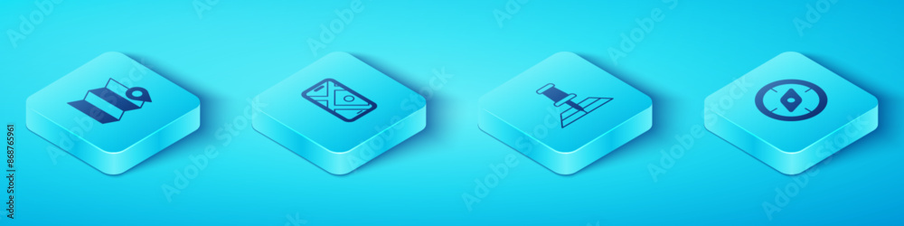 Set Isometric Folded map with location marker, City navigation, Compass and icon. Vector Set Isometric Folded map with location marker, City navigation, Compass and icon. Vector