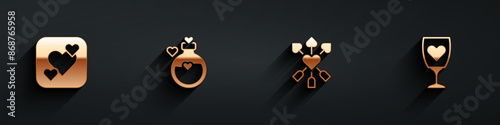 Set Heart, Bottle with love potion, Amour heart and arrow and Glass of champagne icon with long shadow. Vector