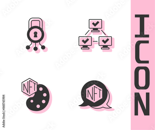 Set NFT Digital crypto art, Cyber security, and blockchain technology icon. Vector