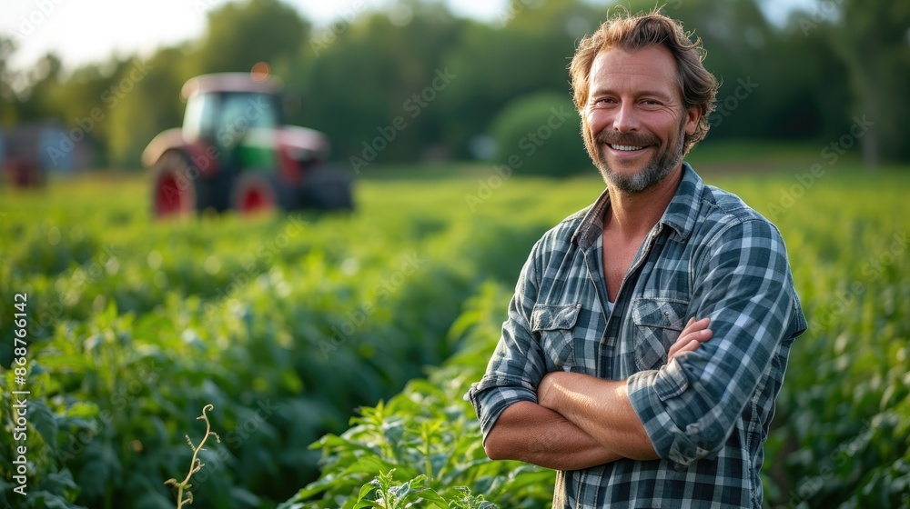Fototapeta premium Harvesting Tomorrow: Farmer with Technology in Crop Field