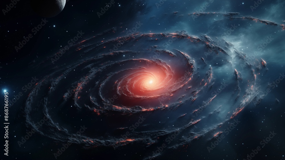 A distant spiral galaxy with a black hole in the center spraying elements outward.