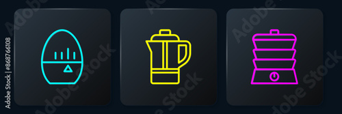 Set line Kitchen timer, Slow cooker and Teapot. Black square button. Vector
