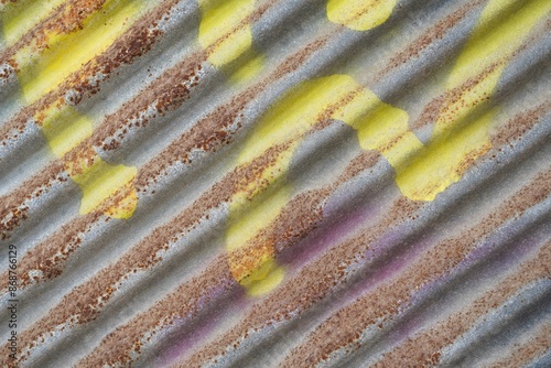 Rustic metal sheet with spray painted surface, rust background with diagonal lines, and abstract texture paint wallpaper