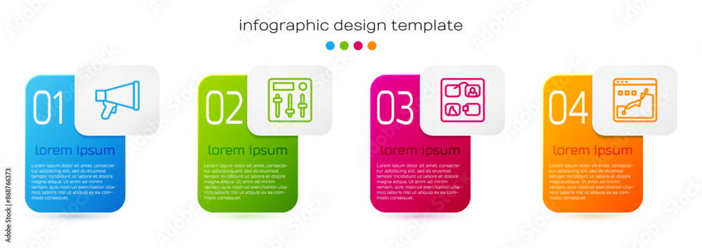 Set line Megaphone, Sound mixer controller, Storyboard and Histogram graph photography. Business infographic template. Vector Set line Megaphone, Sound mixer controller, Storyboard and Histogram graph photography. Business infographic template. Vector