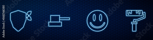 Set line Smile face, Vandal, Spray can nozzle cap and Paint roller brush. Glowing neon icon on brick wall. Vector