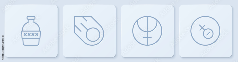 Set line Bottle of water, Neptune planet, Comet and Venus symbol. White square button. Vector Set line Bottle of water, Neptune planet, Comet and Venus symbol. White square button. Vector