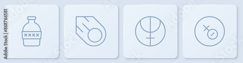 Set line Bottle of water, Neptune planet, Comet and Venus symbol. White square button. Vector