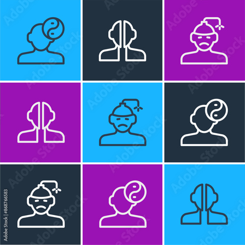 Set line Yin Yang symbol, Concussion, headache and Bipolar disorder icon. Vector