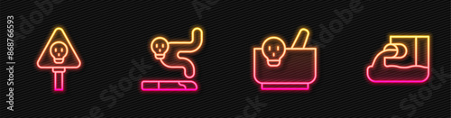 Set line Mortar and pestle, Bones skull, Cigarette and Wastewater. Glowing neon icon. Vector