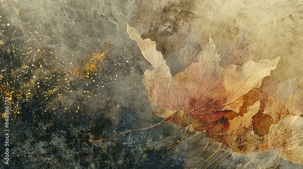 Fototapeta premium A golden flower against black canvas adorned with golden flecks