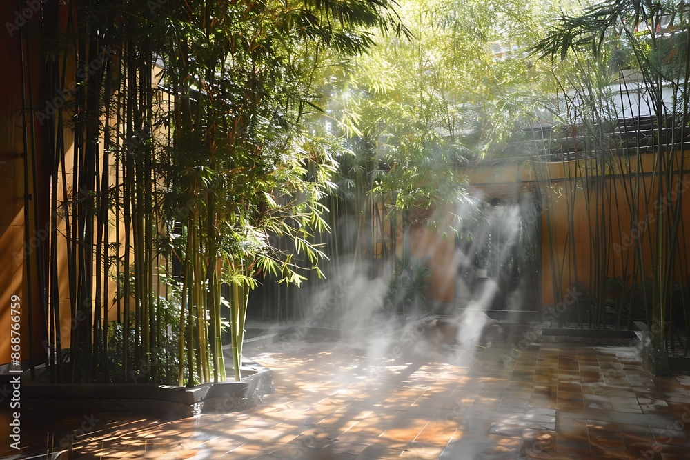 Obraz premium A tranquil courtyard with a complex interplay of light filtering through a bamboo grove