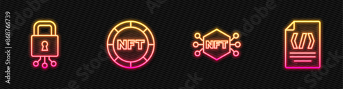 Set line NFT Digital crypto art, Cyber security, and Binary code. Glowing neon icon. Vector