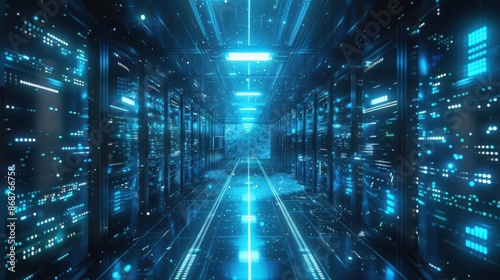 Secure server room with glowing blue lights, data protection