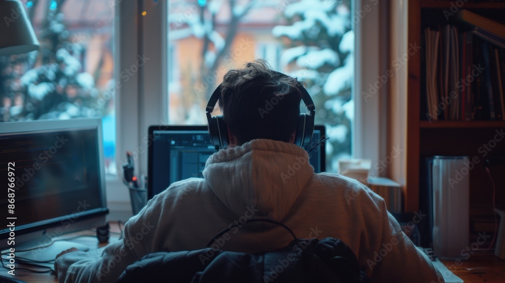 man wearing headphones using laptop
