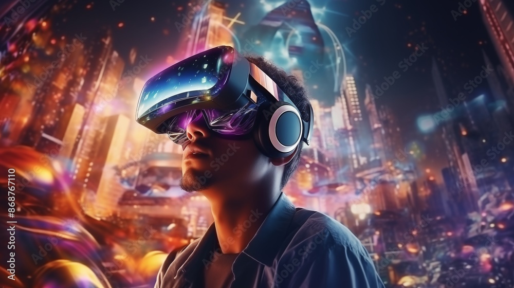 A man wearing VR headset user, surreal world and virtual reality, artificial intelligence man wearing VR glasses virtual global world internet connection and new experience in the future metaverse A man wearing VR headset user, surreal world and virtual reality, artificial intelligence man wearing VR glasses virtual global world internet connection and new experience in the future metaverse