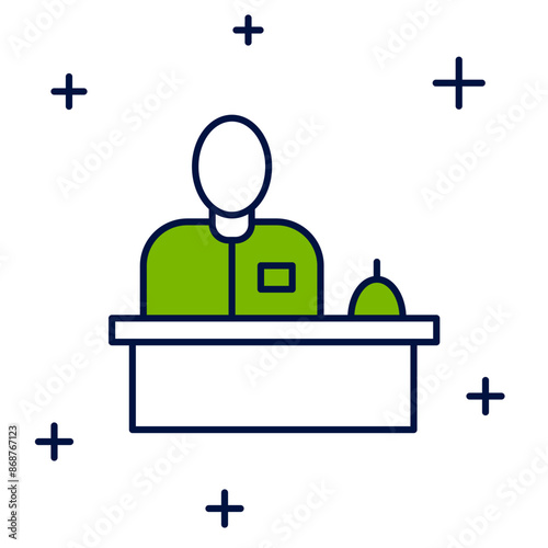 Filled outline Receptionist standing at hotel reception desk icon isolated on white background. Vector