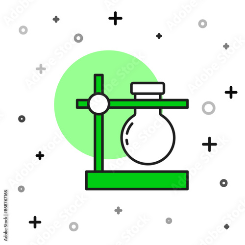 Filled outline Glass test tube flask on stand icon isolated on white background. Laboratory equipment. Vector