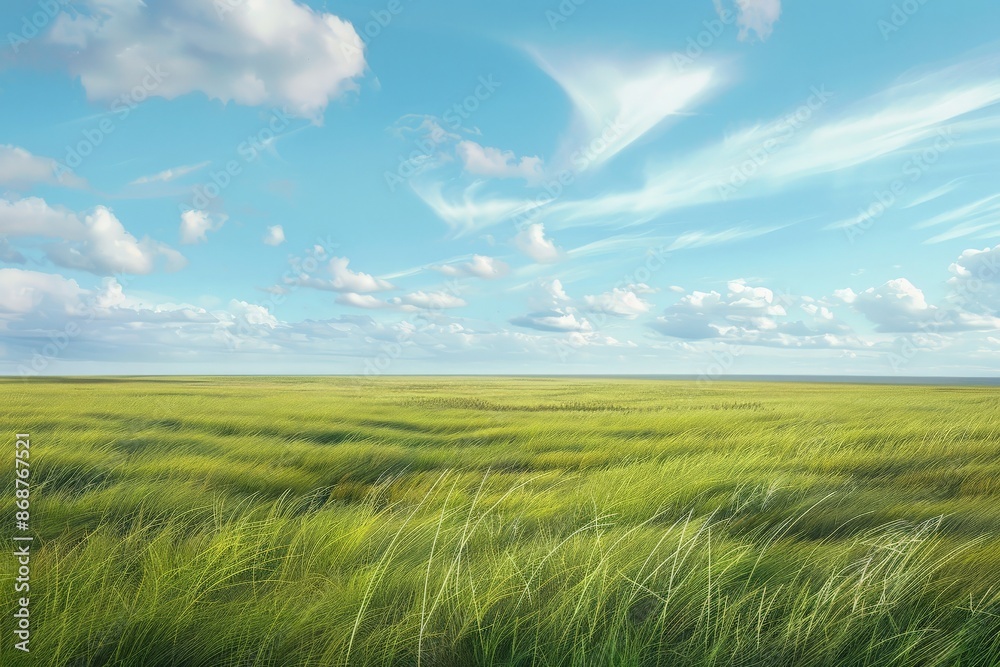 Fototapeta premium Expansive grassland landscape with a horizon that stretches endlessly, tall grasses swaying in the breeze, and a clear, sunny sky overhead