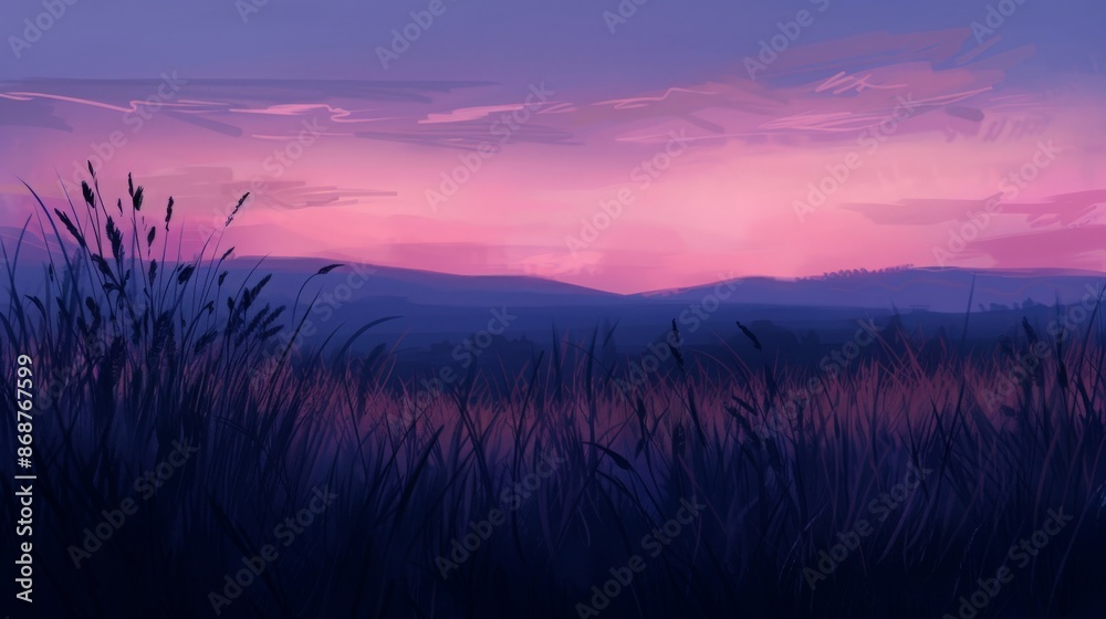 Grassland landscape at dusk, with the sky painted in shades of pink and purple, and the silhouette of tall grasses creating a dramatic and peaceful scene Grassland landscape at dusk, with the sky painted in shades of pink and purple, and the silhouette of tall grasses creating a dramatic and peaceful scene