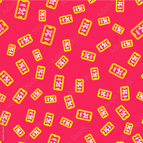 Line Smartphone with electronic boarding pass airline ticket icon isolated seamless pattern on red background. Passenger plane mobile ticket for web and app. Vector