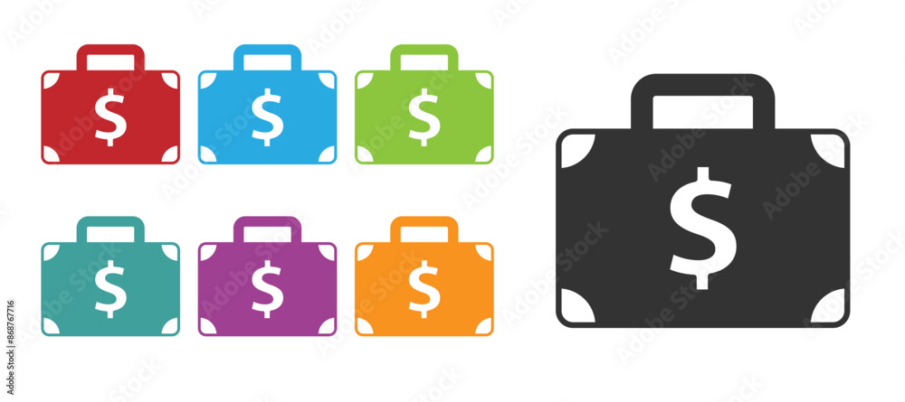 Black Briefcase and money icon isolated on white background. Business case sign. Business portfolio. Set icons colorful. Vector