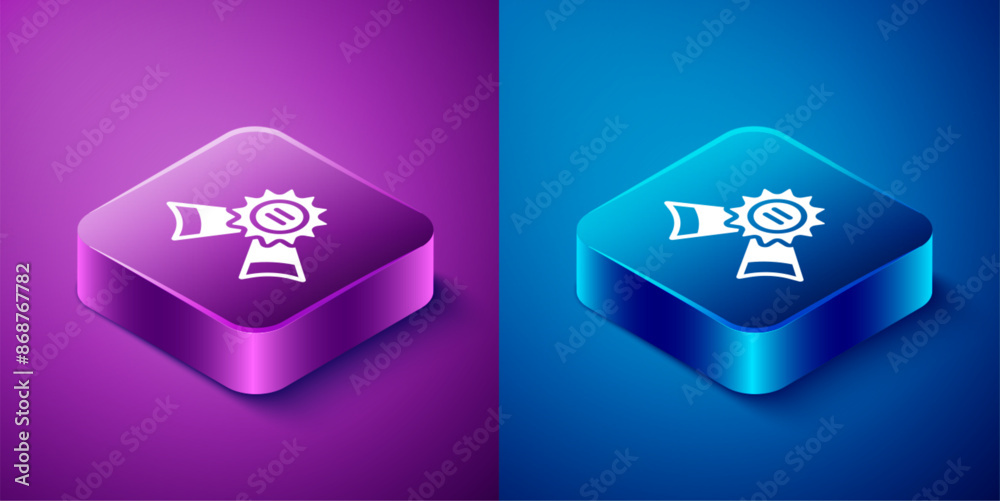 Isometric Medal icon isolated on blue and purple background. Winner symbol. Square button. Vector Isometric Medal icon isolated on blue and purple background. Winner symbol. Square button. Vector