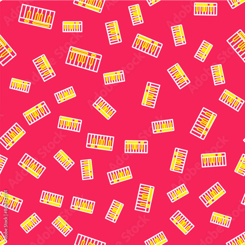 Line Music synthesizer icon isolated seamless pattern on red background. Electronic piano. Vector