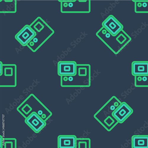 Line Action extreme camera icon isolated seamless pattern on blue background. Video camera equipment for filming extreme sports. Vector