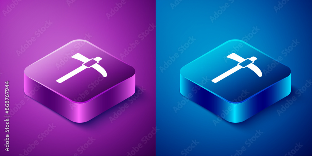 Isometric Pickaxe icon isolated on blue and purple background. Square button. Vector Isometric Pickaxe icon isolated on blue and purple background. Square button. Vector